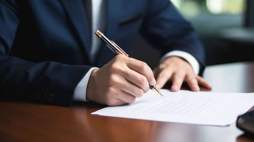 Man in suit signing permit and license form with pen