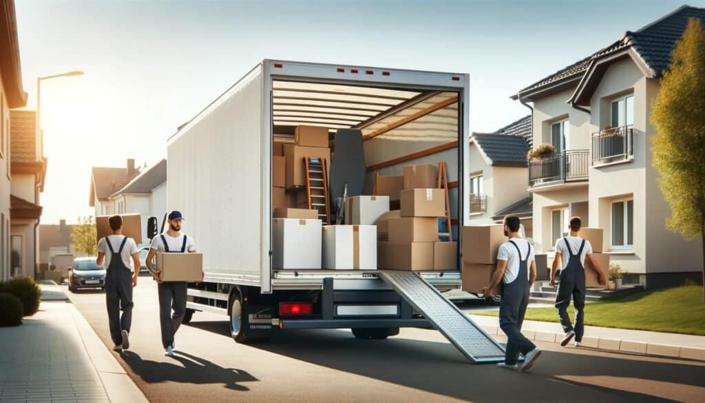 moving company employees providing moving services loading the back of box truck