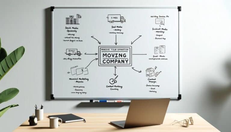 moving company marketing plan with key strategies on a white board