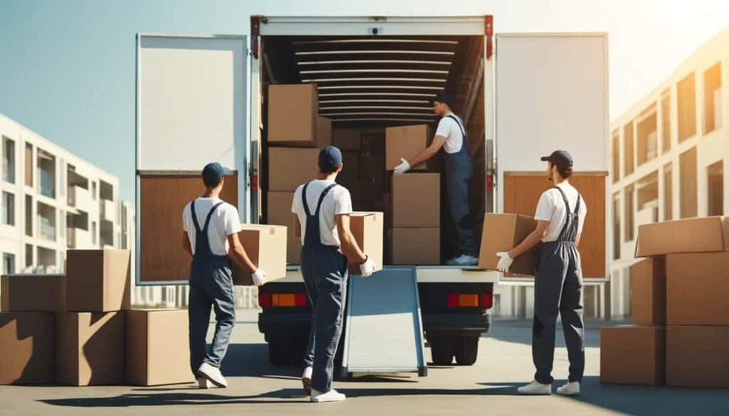 professional movers loading the back of a box truck providing moving services