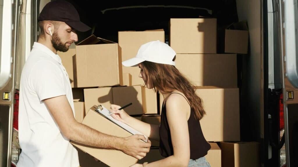 boxes stacked in the back of a moving van