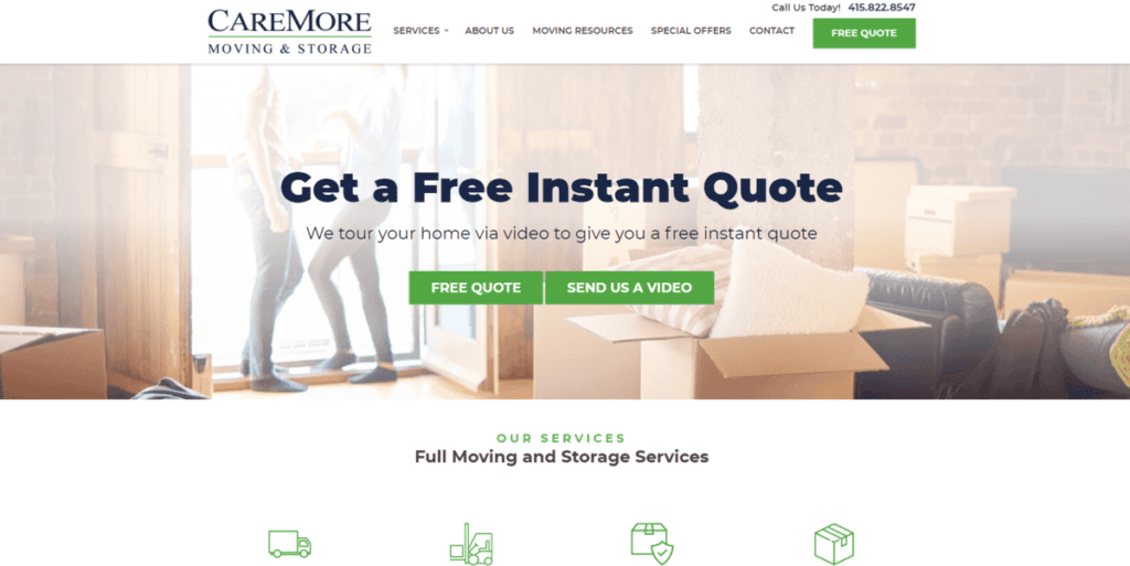 caremore moving and storage homepage on website