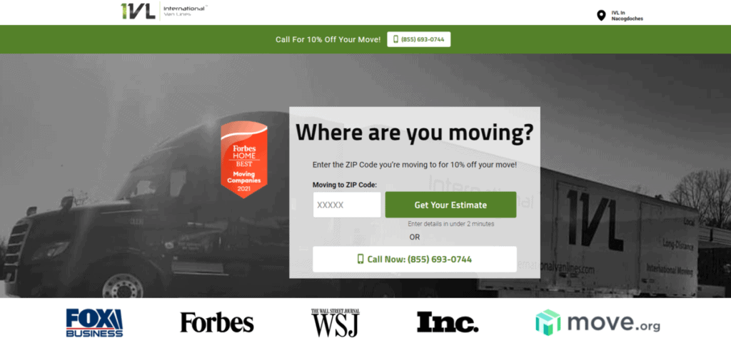 international van lines website with call to action