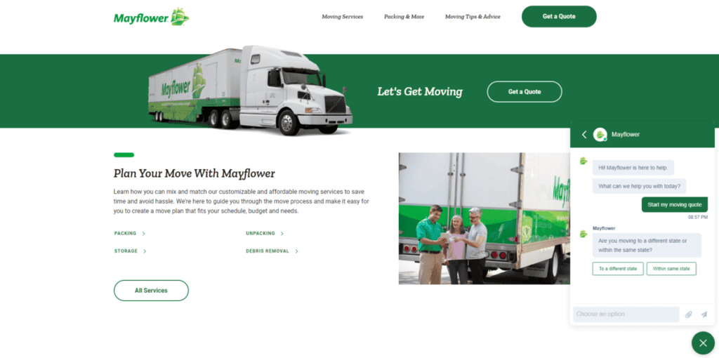 mayflower website with live chat feature