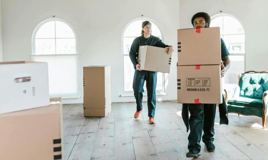 mover employees packing and carrying boxes